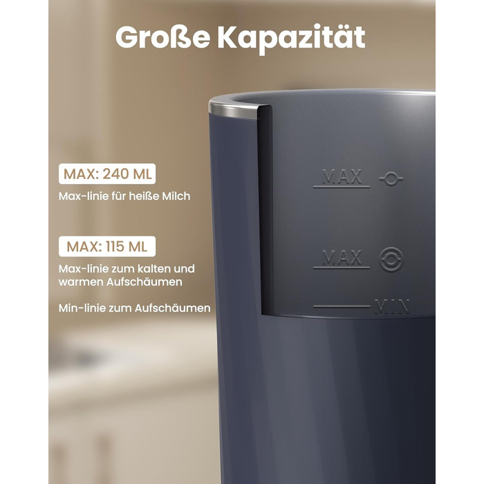 Електричний спінювач молока SIMPLETASTE 4-в-1: гарячий та холодний спінений молочний напій, підігрів молока, приготування какао, антипригарне покриття, автоматичне вимкнення, тиха робота, без BPA, для капучино та лате, темно-синій, з додатковою насадкою