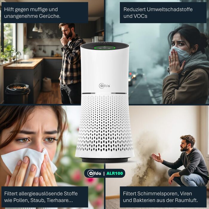 Повітряочищувач HEPA alfda ALR100 з 4-в-1 фільтром, іонізатором, 150 м³/год, до 20 м², тихий режим SLEEP, 28 дБ (A), нічне світло, енергоефективний DC-двигун, таймер, індикатор заміни фільтра