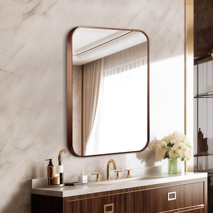 Дзеркало для ванної кімнати на стіну з круглим кутом та коричневим металевим каркасом, 76.2 x 50.8 см, бронза, для ванної, передпокою, вітальні, спальні