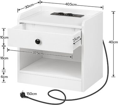 Приліжкова тумбочка HOOBRO із зарядною станцією, ящиком, портами USB, розетками, полицею для зберігання, біла EWT282BZ01