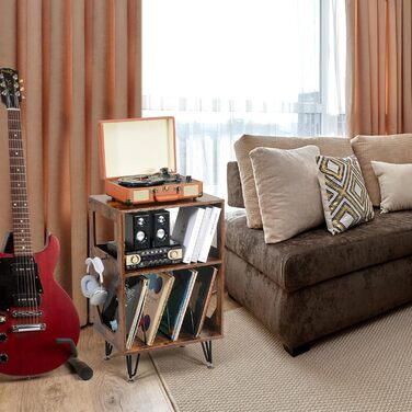 Підставка для програвача вінтажна, приставний столик, полиця для програвача з місцем для зберігання, дерев'яний стіл для програвача, утримує 160 альбомів, для вітальні, спальні, офісу