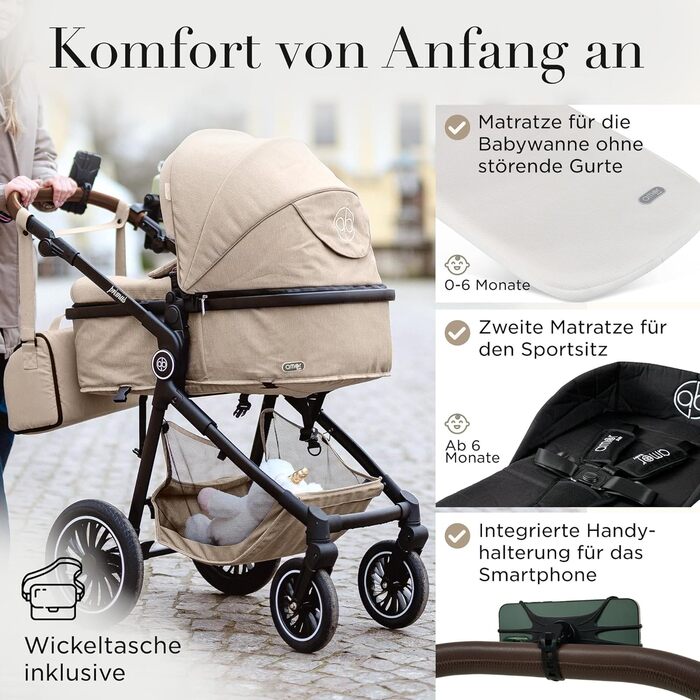 Дитяча коляска 3 в 1 з автокріслом та люлькою | Коляска для новонароджених з 5-точковим ременем безпеки, світло-оливкового кольору, без Isofix