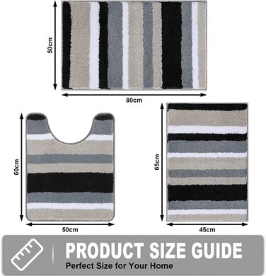 Набір килимків для ванної кімнати Pauwer: 3 шт. з мікрофібри, антиковзаючі, швидковисихаючі, для душу, ванни та туалету (Чорний). Розміри: 50x80 см + 45x65 см + 50x60 см