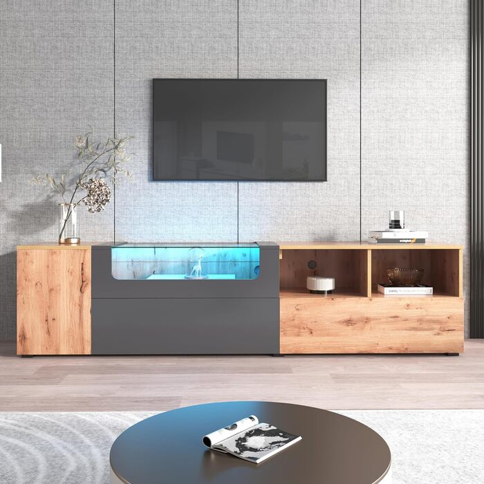 Нижня дошка для телевізора Merax 180 см зі світлодіодним підсвічуванням, сучасна підставка для телевізора з місцем для зберігання, столик для телевізійної консолі, приставний столик для вітальні з 2 роздільниками для зберігання, розширюваний дизайн, (190 