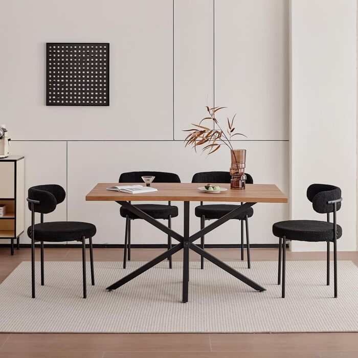 Сучасний прямокутний стіл з МДФ-плитою та чорними металевими ніжками, для вітальні або кухні, 140x78x77 см, темний дуб, структура темного дуба