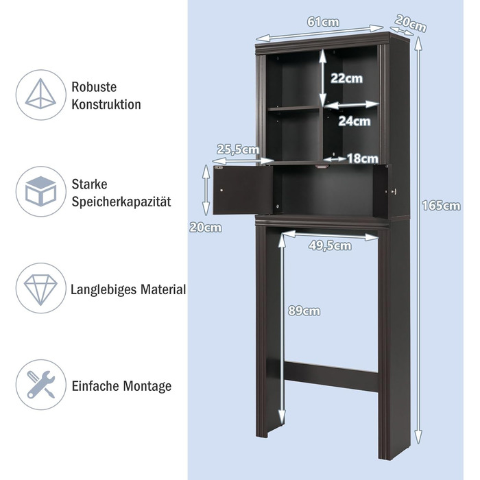 Х рівнева полиця для туалету COSTWAY, економія місця, 4 відкритих відділення, регульована, 60x20x165 см (коричневий), 3-