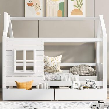 Дитяче ліжко 80x160 см з ящиками та віконцем, масивне дерево, захист від падіння, ламелі, для хлопчиків та дівчаток, ліжко-будиночок, без матраца, білий колір