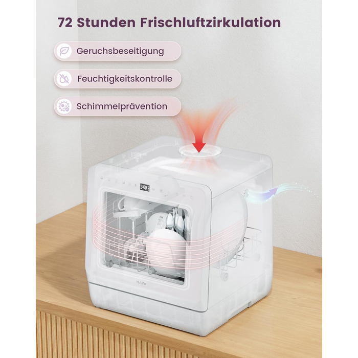 Посудомийна машина HAVA для столу з пом'якшувачем води та підвищеною енергоефективністю, 8 програм миття, блокування від дітей та відкладений старт, не потребує встановлення - ніжний лавандовий колір, TDJR09