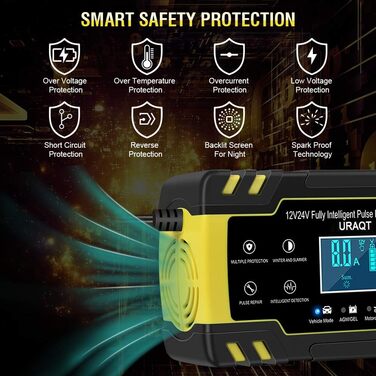 Зарядний пристрій для акумулятора URAQT 8A: 12V/24V, розумна автоматична зарядка для авто, LCD дисплей, режим ремонту, захист, для авто, вантажівок, газонокосарок, човнів