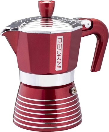 Алюмінієва кавоварка PEDRINI Infinity, Еспресо-плита кольору мока, Розмір 2 чашки, розміри 13,5 x 9 x 15 см, італійський дизайн, силіконова прокладка для харчових продуктів (3 таза, червоний)