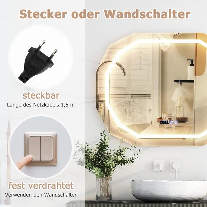 Дзеркало для ванної кімнати GOPLUS з підсвічуванням, 3 кольори світла, антизапар, годинник, температура, функція пам'яті, для ванної та вітальні (Модель 5)