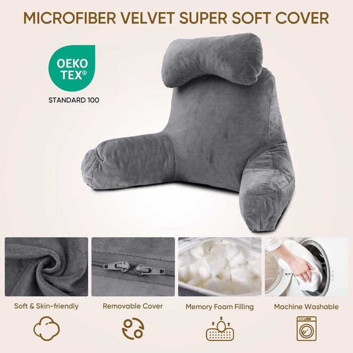 Подушка для сидіння в ліжку для дорослих, з меморі-піною, 63,5 см, зйомний валик для шиї, знімна та пральна наволочка, подушка для спини з подовженими підлокітниками