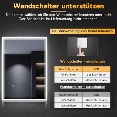 Дзеркало для ванної кімнати SONNI з підсвічуванням 80x60 см, 3 кольори світла, проти запотівання, LED, сенсорне керування, годинник, температура, 3x збільшення