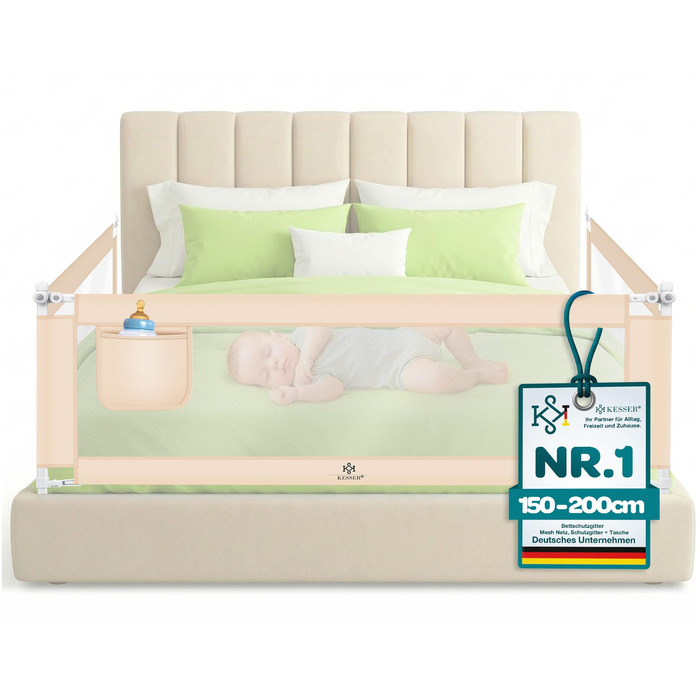 Захисний бортик для ліжка KESSER® 150 см, сітчастий, складаний та регульований по висоті, захист від випадання для дітей та немовлят, бежевий