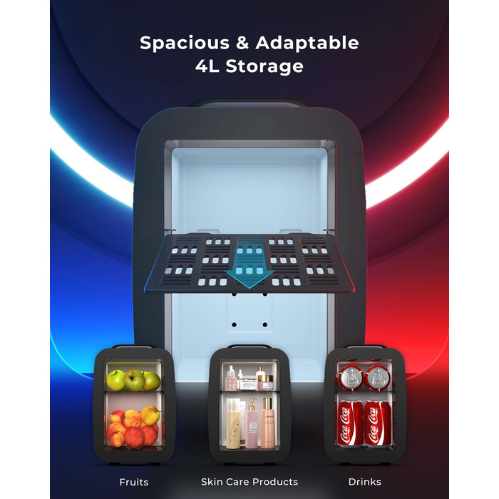Міні-холодильник BEICHEN 4Л з RGB-підсвіткою, функція охолодження та підігріву 2в1, для напоїв, косметики та геймінгу, AC 220V/DC 12V (Чорний)