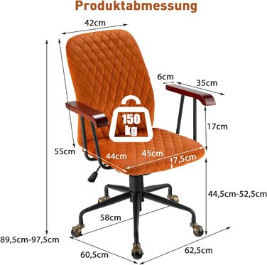 Оксамитове офісне крісло COSTWAY, обертове крісло з регульованою висотою, робоче крісло з вантажопідйомністю до 150 кг, ергономічне оксамитове крісло з середньою спинкою, м'яке сидіння, дерев'яні підлокітники (оранжевого кольору)