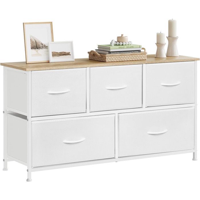 Комод WOLTU з 5 висувними ящиками з тканини, шафа-комод, тумба під TV, для вітальні, спальні, передпокою, з металевим каркасом та ДСП, білий, SSK005ws, білий, 5 тканинних ящиків