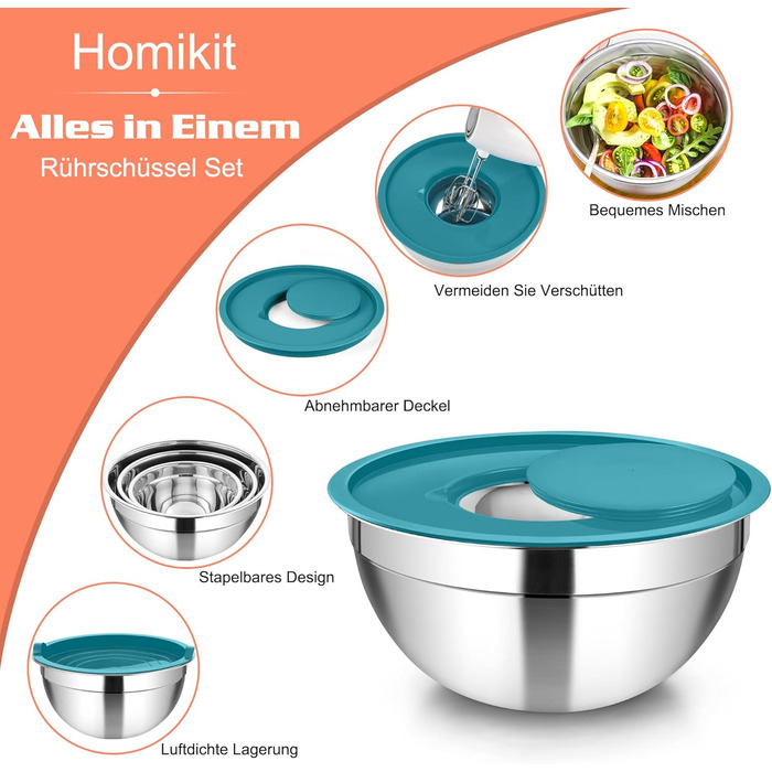 Набір мисок Homikit (5 шт.) з нержавіючої сталі з кришкою та силіконовим дном. Багатофункціональний, стековий, придатний для миття в посудомийній машині, 6.6L / 3.5L / 2.5L / 1.5L / 1L (Кольоровий, з 3 терками)