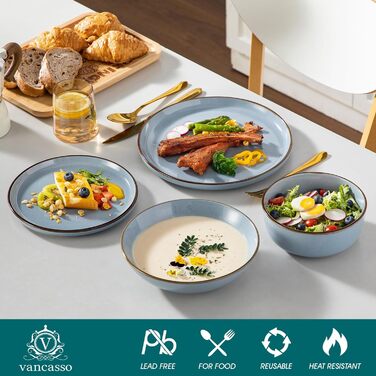 Набір посуду Steingut vancasso LOIRE 24тг. для 6 осіб: тарілки, супові тарілки, десертні тарілки, миски. Сучасний блакитний дизайн, безпечний для мікрохвильовки та посудомийної машини.