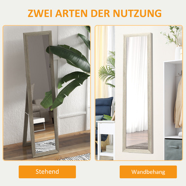 Дзеркало для всього тіла, 37 x 157 см, для підвішування або встановлення на підлогу, прямокутне дзеркало для вітальні, спальні, сірого кольору