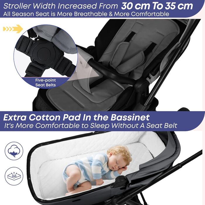 Дитяча коляска 2-в-1 BabyVoyage з люлькою та прогулянковим блоком, поворотні колеса 360°, амортизація, регульована ручка, складна, комплект, колір зелений (темно-сірий)