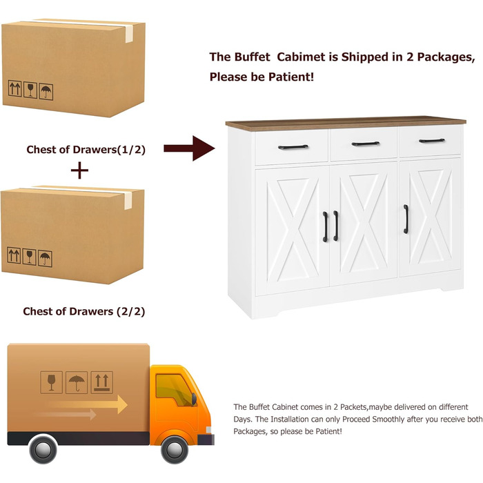 Сайдборд HOCSOK: кухонна шафа з 3 висувними ящиками та 3 дверцятами, буфет з робочою поверхнею, для кухні, їдальні, вітальні, дерево, білий & коричневий