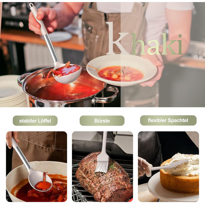 Набір кухонних помічників, 26 предметів: силіконове кухонне приладдя з нержавіючою сталею, стійке до нагрівання, з підставкою, антипригарне, для посудомийної машини - Хакі