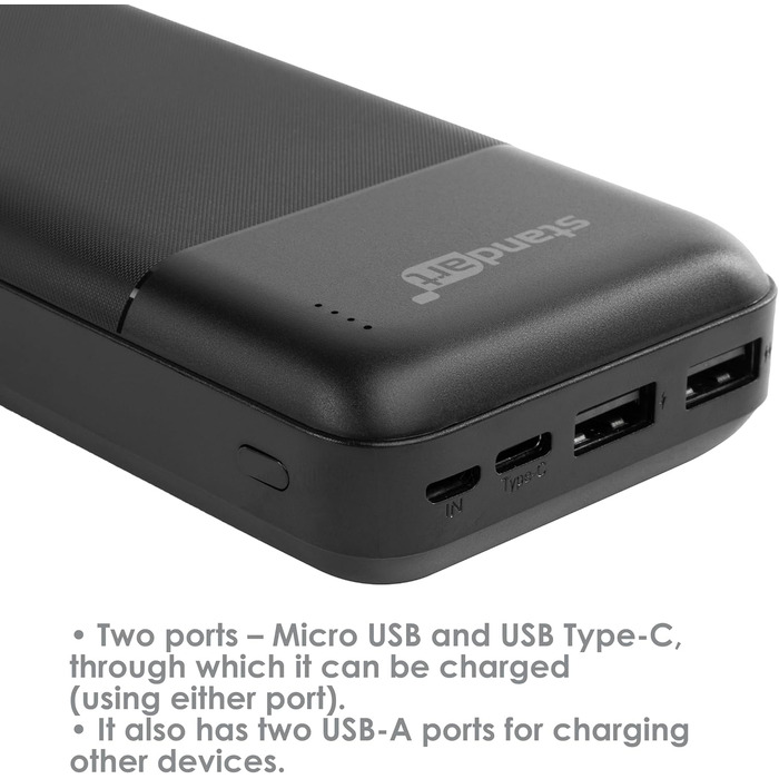 Повербанк Standart 20000mAh USB C, Micro USB, 2xUSB Швидка зарядка Світлодіодний дисплей Чорний