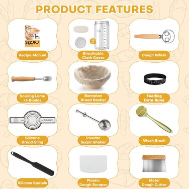 Набір для приготування закваски: кошик для бродіння (Banneton), скляна тара, ніж для хліба (Bread Lame), скребок для тіста, скребок-лопатка та силіконовий хлібний гребінець