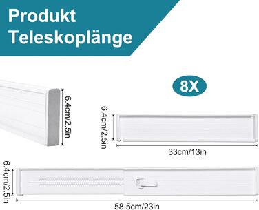 Організатори для ящиків MOFELON (8 шт.), регульовані роздільники для ящиків (33-58.5 см, 6.4 см H), система організації для шаф, комодів, кухні, спальні, ванної кімнати - білий