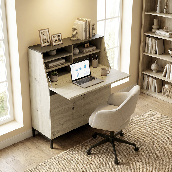 Промисловий письмовий стіл-секретар з полицями та металевим каркасом 100 см, натуральне дерево та чорний колір