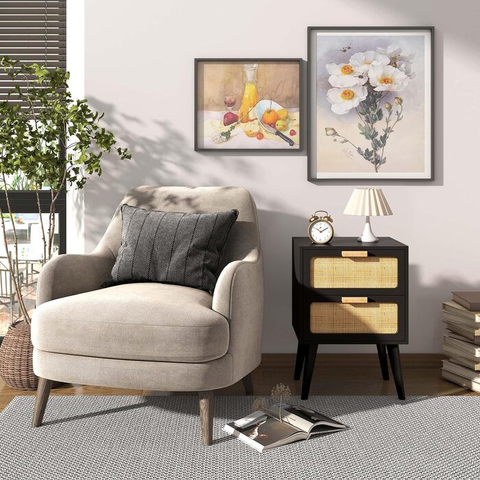 Журнальний столик з ротангу, чорний колір, з 2 висувними ящиками, стиль бохо, для вітальні та спальні