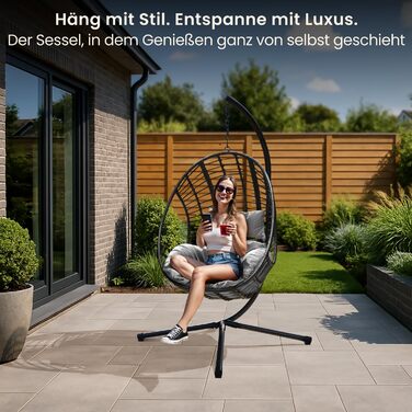 Крісло-гойдалка Swoods XXL з металевим каркасом – для дому та вулиці. Яйцеподібне крісло-гойдалка з подушкою, до 150 кг (темно-сірий, світло-сірий)