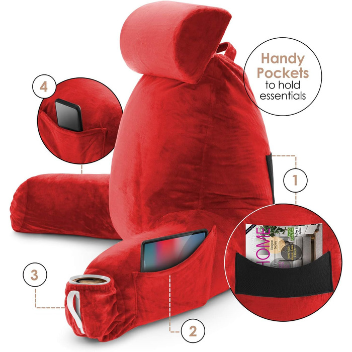 Подушка для читання Clara Clark з підставкою для спини, велика, з піною з пам'яті, червона