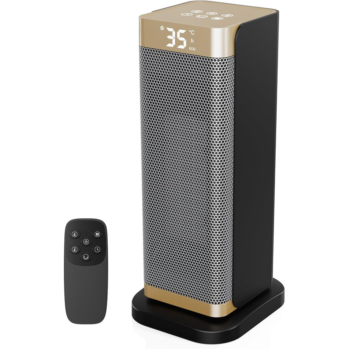 Електричний обігрівач 2000W з енергозбереженням, тихий, 3 режими, PTC кераміка, швидкий нагрів, ECO-режим, пульт ДУ, таймер 12H, поворот 70°, для офісу, спальні, ванної кімнати, золотий