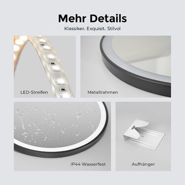 Дзеркало для ванної кімнати з підсвічуванням 60см, кругле LED дзеркало з LED-підсвічуванням, 3 кольори світла, регулювання яскравості, сенсорне управління, чорна рама, знімний монтаж 60x60 см