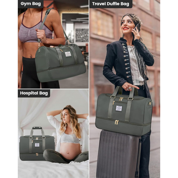 Спортивна сумка LOVEVOOK для жінок: дорожня сумка, weekender, з косметичкою, відділенням для взуття та мокрих речей, водонепроникна пляжна/басейнова/сауна сумка, ручна поклажа для подорожей, зелена