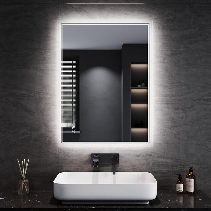 Дзеркало для ванної кімнати SONNI з підсвічуванням 80x60 см, 3 кольори світла, проти запотівання, LED, сенсорна кнопка, годинник, температура, 3-кратне збільшення