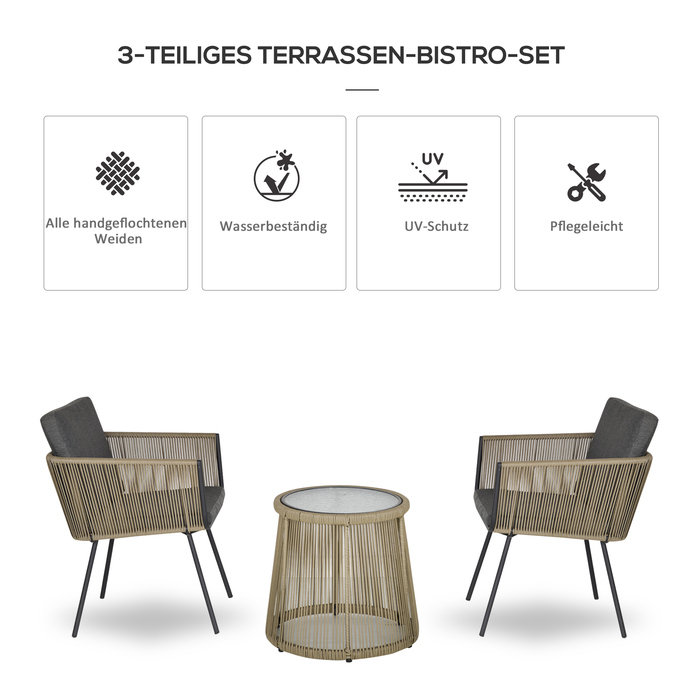 Набір садових меблів на 3 особи: 2 крісла, журнальний столик, подушки для сидіння та спинки, стільниця з загартованого скла, штучний ротанг, сірий