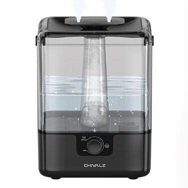Зволожувач повітря Chivalz Top Fill для великих кімнат 6л з нічником, поворотна на 360° форсунка, аромадифузор, 50 годин, для спальні, дитячої, рослин, немовлят, чорний глянцевий + 2 виходи туману