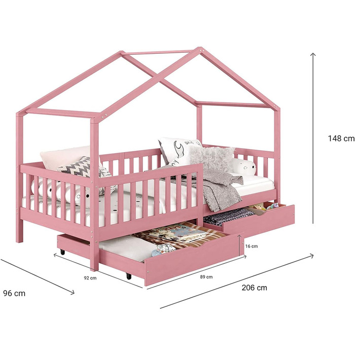 Ліжко для дому IDIMEX ELEA з масиву сосни, дитяче ліжечко із захистом від падіння 90х200см, ігрове ліжко з дахом (рожевий)