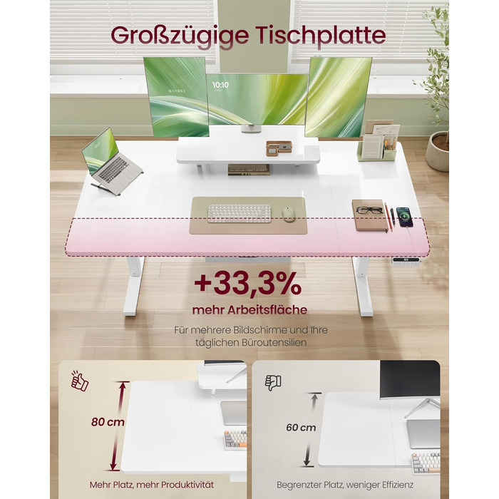 Регульований стіл VASAGLE з підставкою для монітора, шухлядою та USB-C, нагадування про перерви, 160 x 80 см, Wolkenweiß