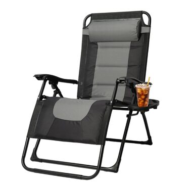 Розкішне крісло-шезлонг для саду, 72 см, з підстаканником та подушкою, сірий колір