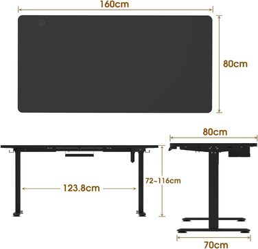 Електричний стіл Homall з регулюванням висоти 160x80 см, функція пам'яті, стільниця з чотирьох частин, чорний