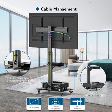 Тумба під телевізор BONTEC з коліщатками для екранів 30-70 дюймів, 6 висот, 2 скляні полиці, VESA 600x400 мм