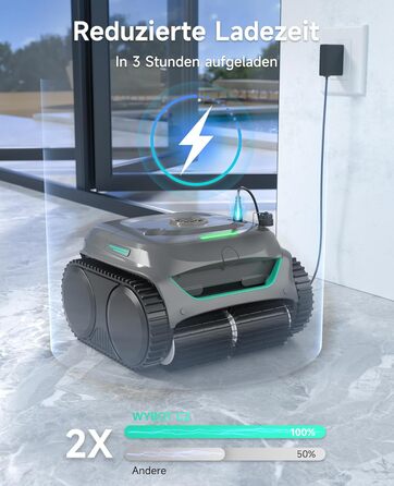 Робот-пилосос для басейну WYBOT C2: акумуляторний, для вбудованих басейнів до 150㎡, подвійне фільтрування, потужний двигун, чистка дна та стін, 180 хвилин роботи, керування через додаток (чорно-зелений-сірий)