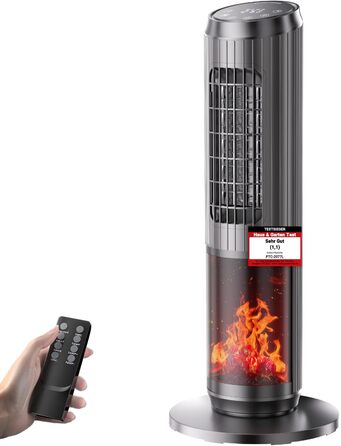 Електричний обігрівач керамічний 2000W з пультом, ефект каміну, термостат, осциляція 70°, ECO режим, 3 режими, таймер 1-8 год, захист від перегріву та перекидання, тихий для офісу та вітальні