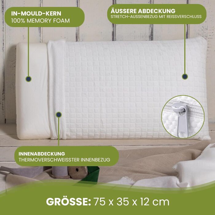 Подушка з піною з пам'яті 70 см: ергономічна, гіпоалергенна, знімний чохол, ортопедична підтримка шиї, проти болю в шиї, Oeko Tex (2 шт.)