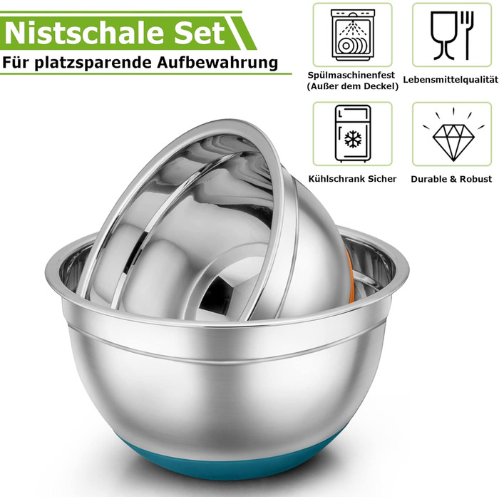 Набір мисок TEAMFAR з нержавіючої сталі: салатовники з кришкою та силіконовим дном (0.7-6.5л), 7 шт.