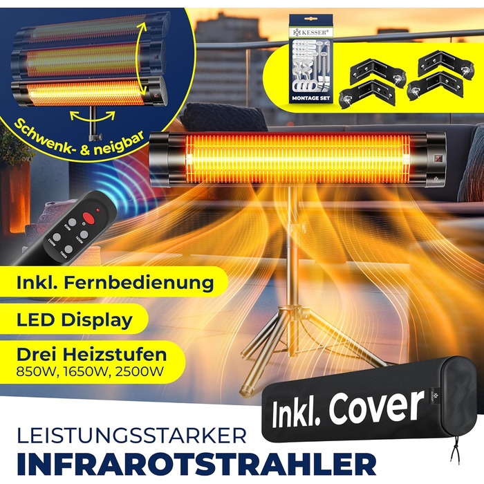 Інфрачервовий обігрівач KESSER® 2500W з пультком та захисним чохлом, телескопічним штативом, для тераси та дому